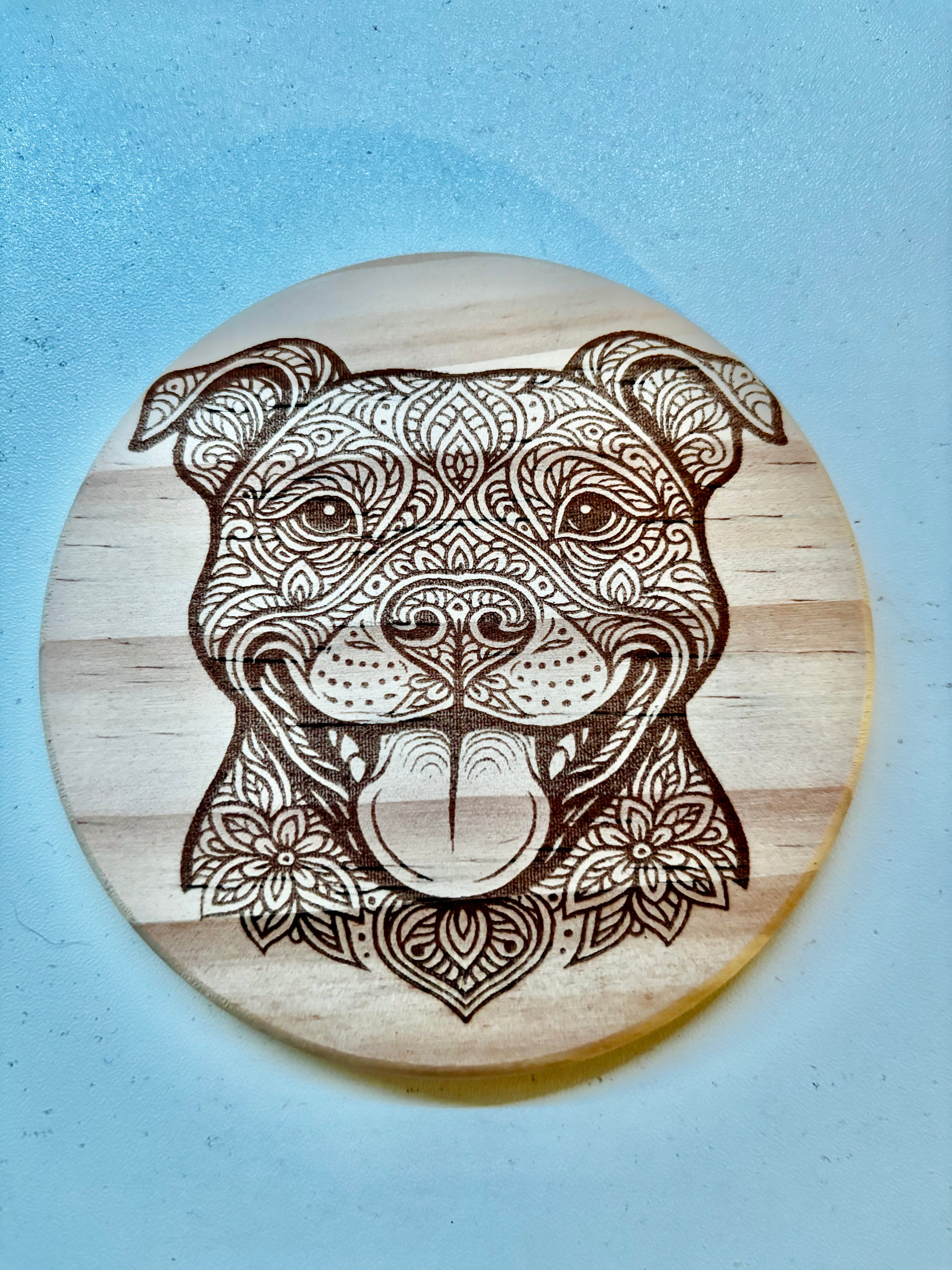Laser Engraved Pitbull Mandala Wooden Fridge Magnet – Handmade Dog Lover Gift