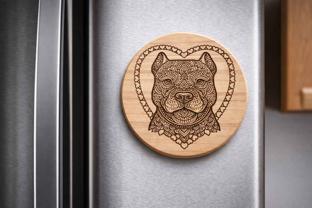 Handmade Pitbull Wooden Magnet – Mandala Heart Design for Dog Lovers