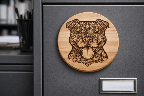 Laser Engraved Pitbull Mandala Wooden Fridge Magnet – Handmade Dog Lover Gift