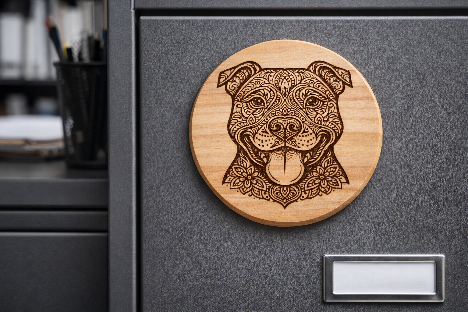 Laser Engraved Pitbull Mandala Wooden Fridge Magnet – Handmade Dog Lover Gift